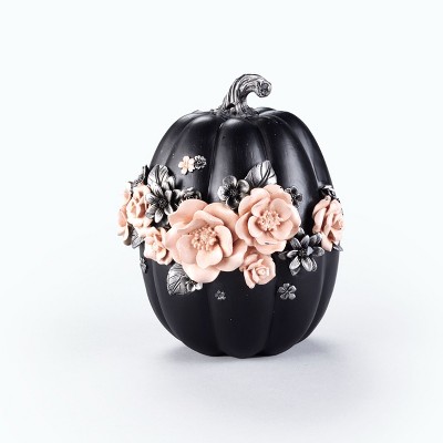 Lakeside Black Gothic Romance Ceramic Pumpkin with Pink Floral Appliques