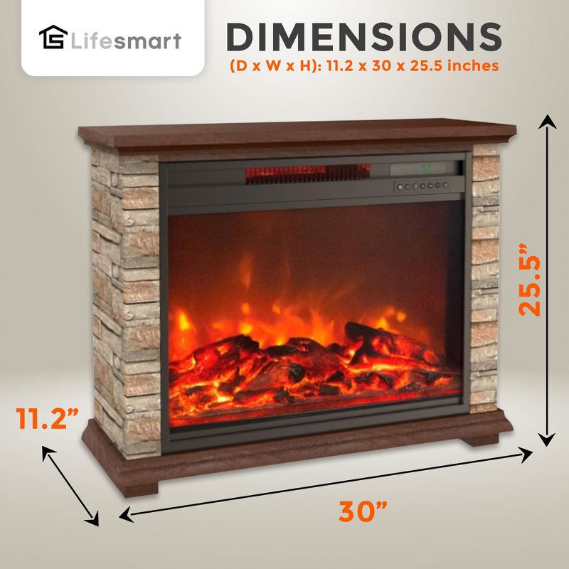 LifeSmart 1500 Watt Portable Electric Infrared Quartz Faux Stone & Oak Wood Fireplace Heater with Remote - Brown, 3 of 7