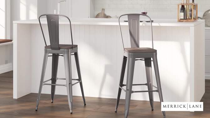 Merrick Lane Clear Coated 30" Bar Height Stool with Powder Coated Metal Frame and Textured Wooden Seat, 2 of 9, play video