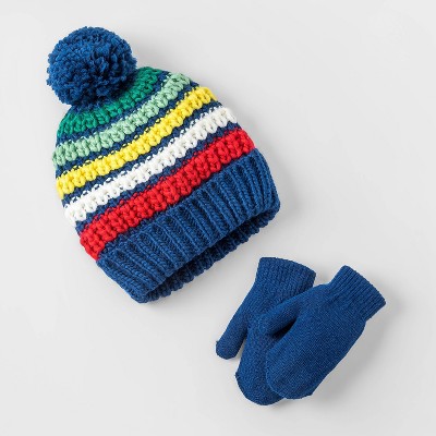 Image of Toddler Boys' Rainbow Striped Cuffed Beanie with Mittens Set - Cat & Jack™ 12-24M