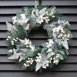 24 Inch Outdoor Winter Wreath Front Door Decor with White Berries Green Eucalyptus Farmhouse Porch Wall Home Decor - 1 of 4