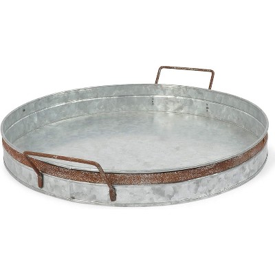 Farmlyn Creek Round Galvanized Metal Serving Tray Platter with Handles, Home Decor Silver 13"x13"x2.6"