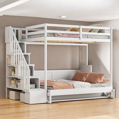 Mshliw Full Over Full Murphy Bunk Bed with Desk and Storage Stairs, Hydraulic Lift Wall Bed with Hidden Workspace, Foldable Space Saving Bed