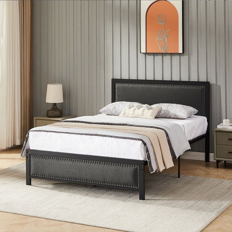 VECELO Metal Bed Frame with Linen Upholstered Headboard, Platform Bed with 12.6 in. Under Bed Storage and Nailhead, 5 of 6