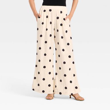 Women's Relaxed Linen Trousers - A New Day™ Black/White Dot XS