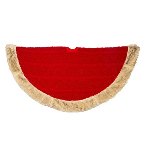 Kurt Adler 48-Inch Red Knit Tree Skirt with Tan Faux Fur Border - 1 of 4