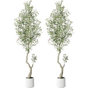 Tall Faux Olive Tree, Olive Trees Artificial Indoor with White Planter and Green Fake Moss for Home Office Living Room Bedroom Stairs Foyer Decor - 1 of 4