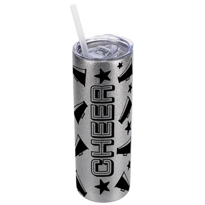 Elanze Designs Silvertone Sparkle 20 Ounce Double Wall Stainless Steel Glitter Travel Tumbler With Sliding Lid And Straw, Cheer