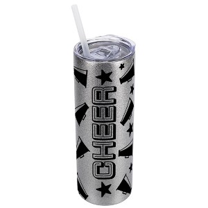 Elanze Designs Silvertone Sparkle 20 Ounce Double Wall Stainless Steel Glitter Travel Tumbler With Sliding Lid And Straw, Cheer - 1 of 4