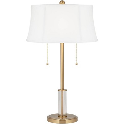 Possini Euro Design Modern Glam Table Lamp Brass Metal Crystal Glass White Fabric Drum Shade for Living Room Bedroom House Family