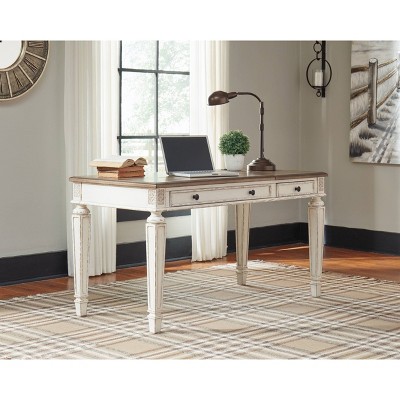 Rustic White & Brown Home Office Desk with Power Outlets and USB Ports