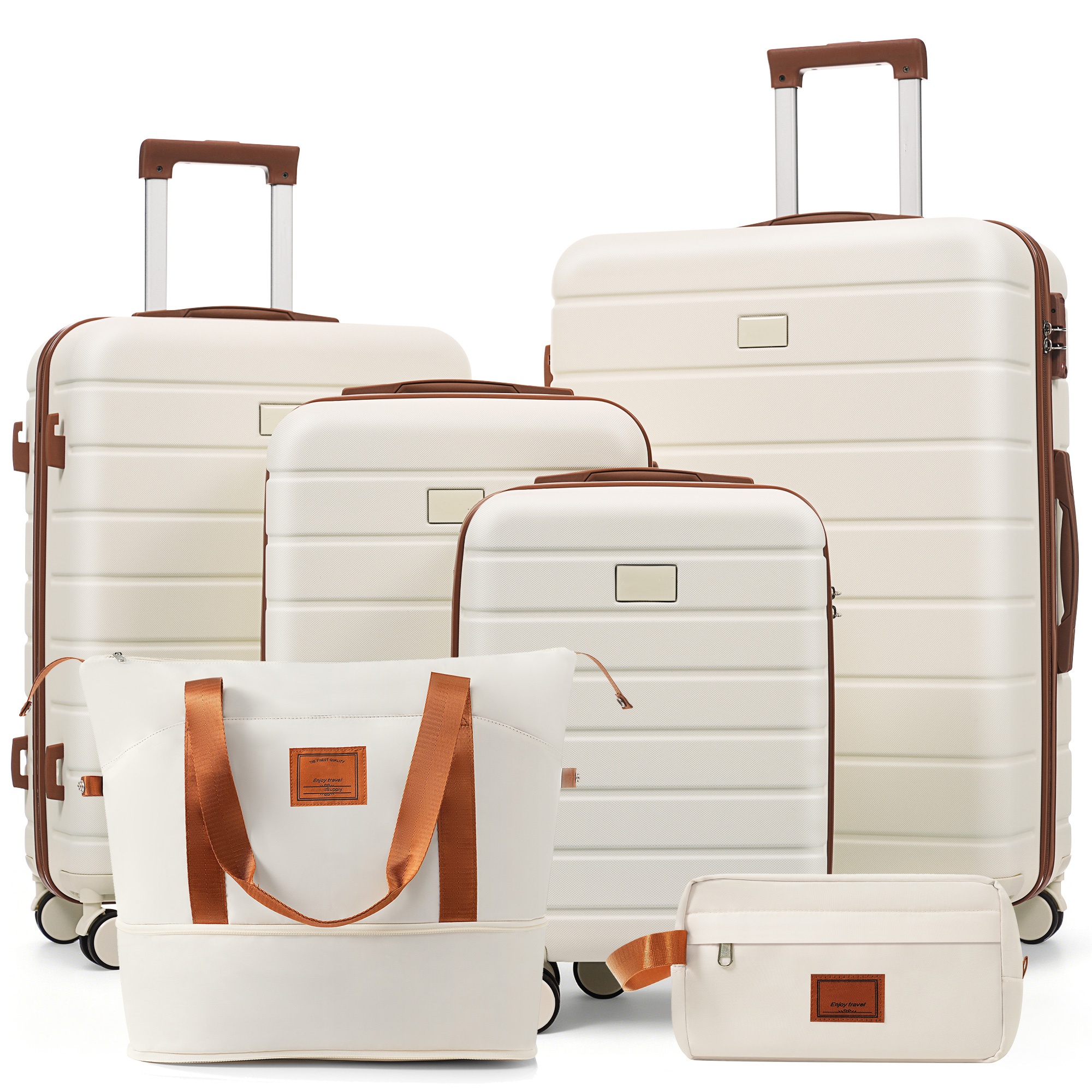 6 PCS Hardside Luggage Set with TSA Lock, Suitcase Set(16",20",24",28") with Expandable Travel Duffel Bag, Waterproof Toiletry Bag, Ivory - ModernLuxe