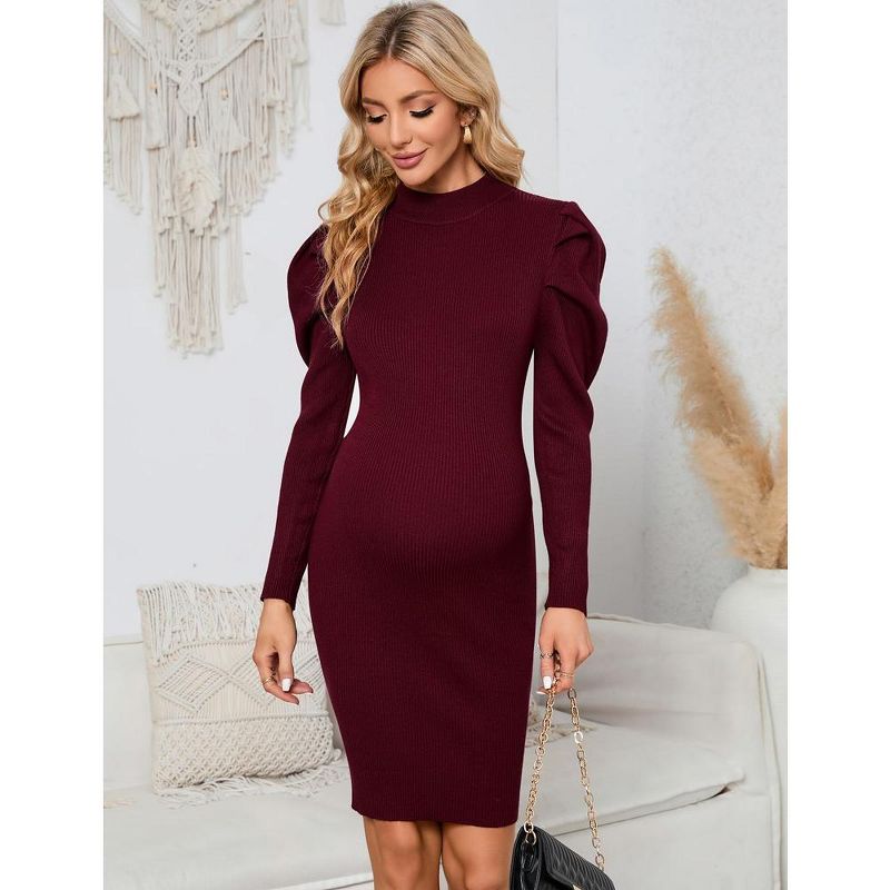 Maternity Ribbed Knit Sweater Puff Long Sleeve Bodycon Dress Mock Neck Fall Casual Midi Dress Baby Shower Photoshoot, 4 of 8