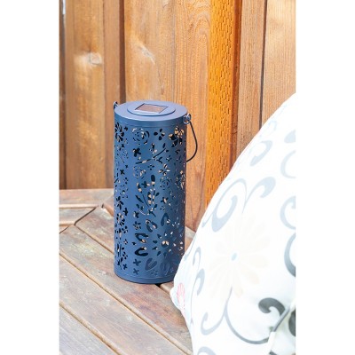 Midnight Blue Floral Punched Metal Solar Lantern
