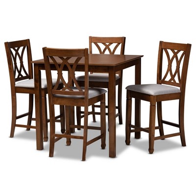 5pc Reneau Upholstered Wood Pub Counter Height Dining Set Gray/Walnut - Baxton Studio