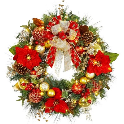 30"Artificial Christmas Wreath with LED Lights Christmas Wreath for Front Door with Ball Ornaments Indoor Outdoor Holiday Party Decorations