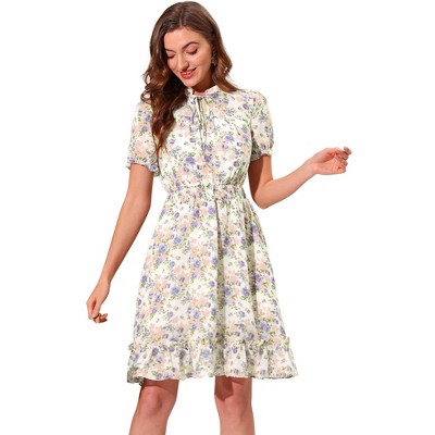 Allegra K Women's Floral Ruffle Hem Short Sleeve A-Line Smocked Chiffon Dress