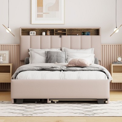 Okak Platform Bed Frame with Upholstered Storage Headboard  Bed with 2 drawers Sockets USB Ports Easy Assembly