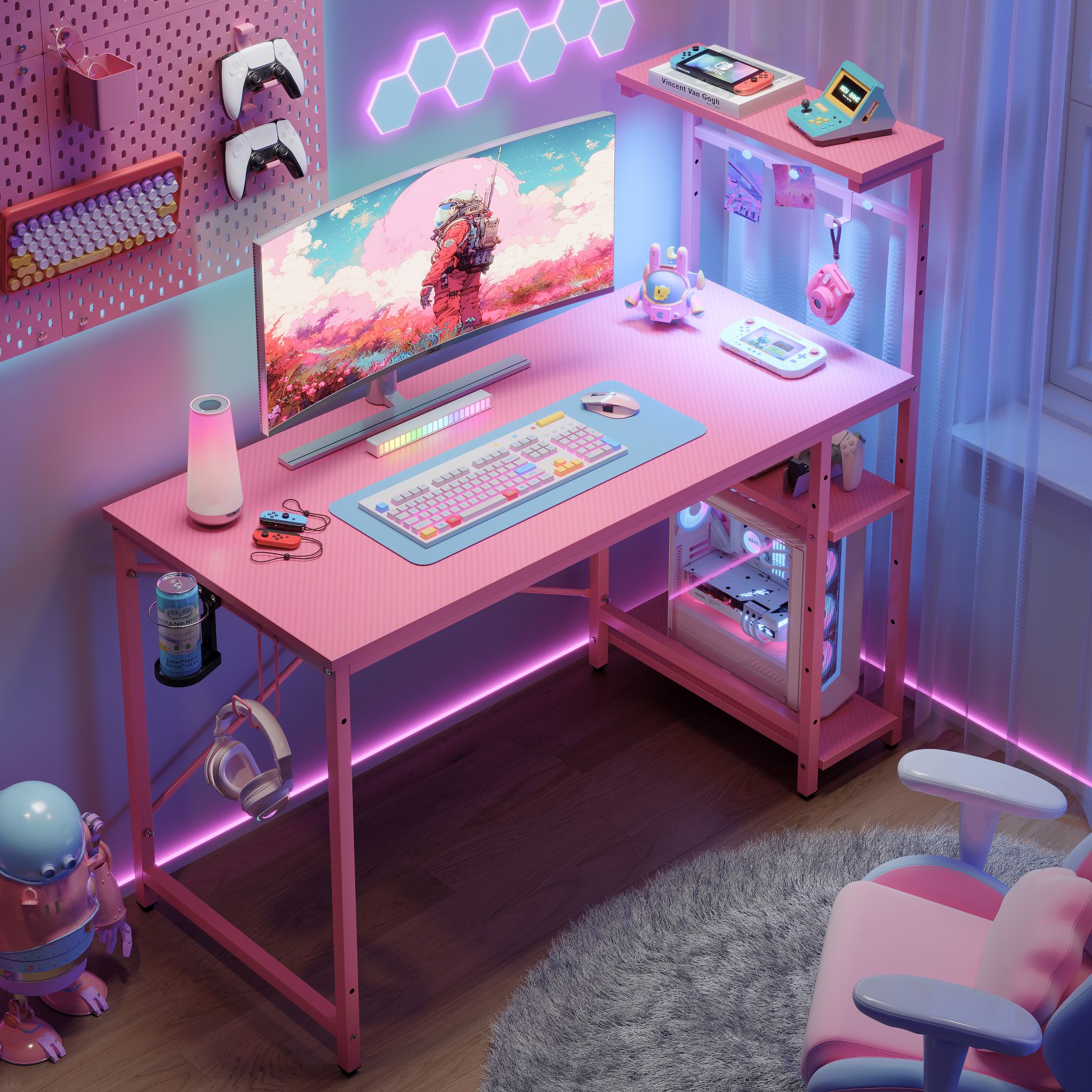 Bestier 44inch Gaming Desk with RGB LED Light– Reversible 4-Tier Storage Shelves, Hooks, Cup holder and Magnets Pink Carbon Fiber
