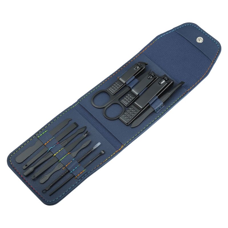 Unique Bargains Stainless Steel Pedicure Nail Clippers Scissors Tool Set for Men Women Black with Blue PU Leather 12 Pcs, 1 of 4