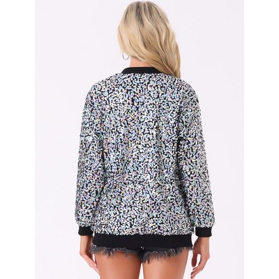 Allegra K Women's Sequined Shiny Long Sleeve Party Zipper Bomber Jacket Silver Large — фото 3