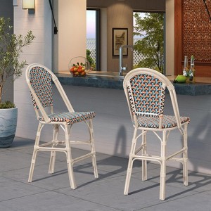PURPLE LEAF French Bistro Stools - Set of 2 Colorful Wicker Bar Stools, 30" with Rattan Back & Footrest - 1 of 4