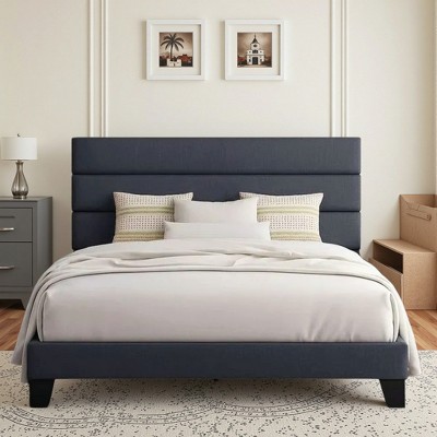Bed Frame with Upholstered Headboard, Wooden Slats Support, Dark Grey Mattress Foundation