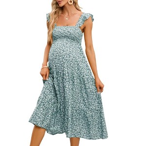 Womens Maternity Dress Summer Sleeveless Smocked Square Neck Ruffle Casual Boho Midi Dress Baby Shower Photoshoot - 1 of 4