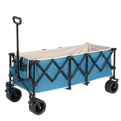 VisioGear Foldable Extended Wagon with 220lbs Weight Capacity, 300L Folding Utility Garden Cart with Drink Holders, Blue, 53.54"*21.26"*23.62"