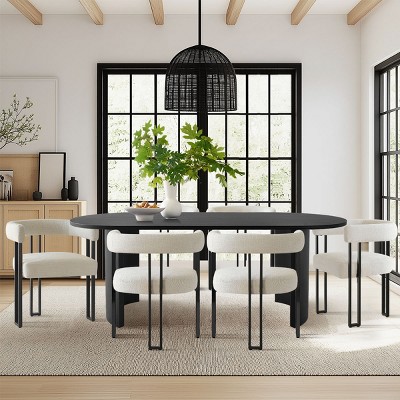 7-Pcs Dining Set for 6 Upholstered Chenille Chairs with 79" Oval Dining Table Modern Design for Dining Room,Kitchen Decor-Tanpinhause