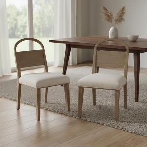 Wood Arch Back Chair Set of 2, Toffee Finish with White Sand Upholstered Seat, Oak Veneers, Transitional Dining Chairs - 1 of 4