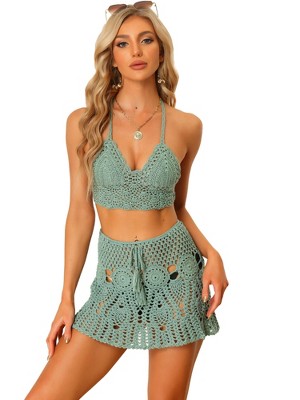 2pcs Summer Crochet Dress Beach Wear Women Crop Tassels Top Skirt Hollow  Set