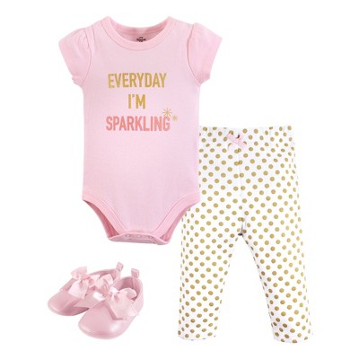 Little Treasure Baby Girls Cotton Bodysuit, Pant and Shoe 3pc Set, Sparkling Short-Sleeve