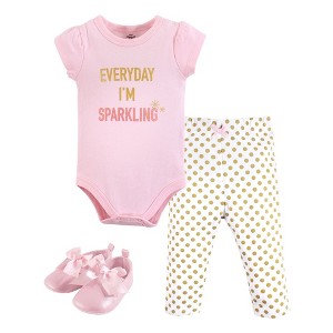 Little Treasure Baby Girls Cotton Bodysuit, Pant and Shoe 3pc Set, Sparkling Short-Sleeve - 1 of 1