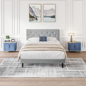 Okak Modern Platform Bed Frame with Upholstered with Linen Fabric Button Tufted Headboard Wood Slats No Box Spring Needed Easy Assembly - 1 of 4