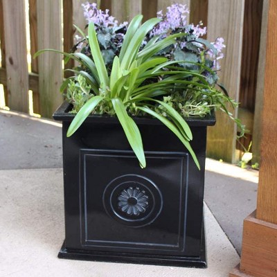 Glossy Black Square Resin Planter with Floral Medallions, 16"