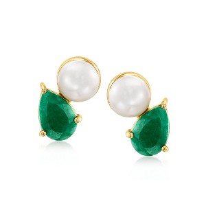 Ross-Simons 6.5-7mm Cultured Pearl and 2.70 ct. t.w. Emerald Toi Et Moi Earrings in 18kt Gold Over Sterling - 1 of 3