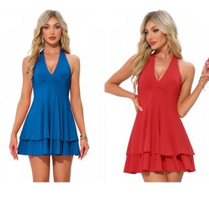 INSPIRE CHIC Women's Halter Party Deep V Neck Backless Layer Mini Dress 2 Packs - 1 of 4