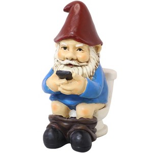 Sunnydaze 9.5-Inch Cody the Garden Gnome on the Throne Reading His Phone Sculpture - Funny Lawn Decoration - Blue - 1 of 4