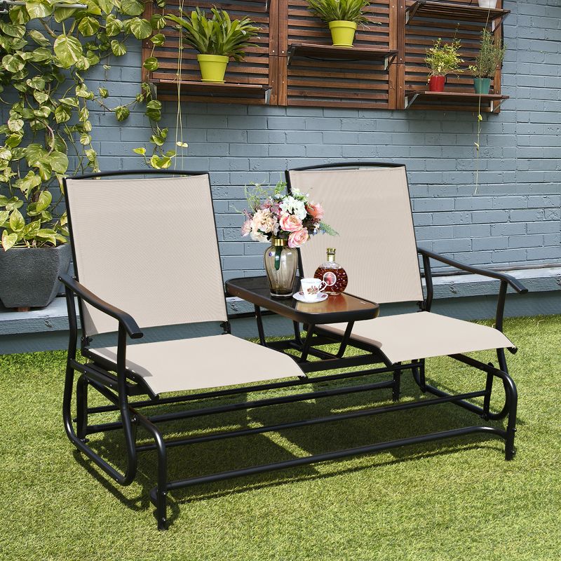 Costway 2 Person Patio Double Glider Steel Frame Loveseat Rocking with Center Table, 4 of 9