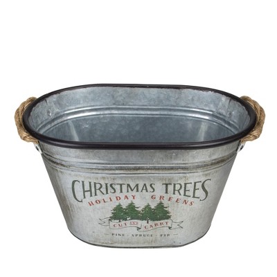 Northlight 11" Silver Oval Christmas Tree Bucket With Jute Rope