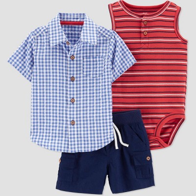 Carter's Just One You® Baby Boys' 3pc Plaid Top & Bottom Set - Navy/Red 12M