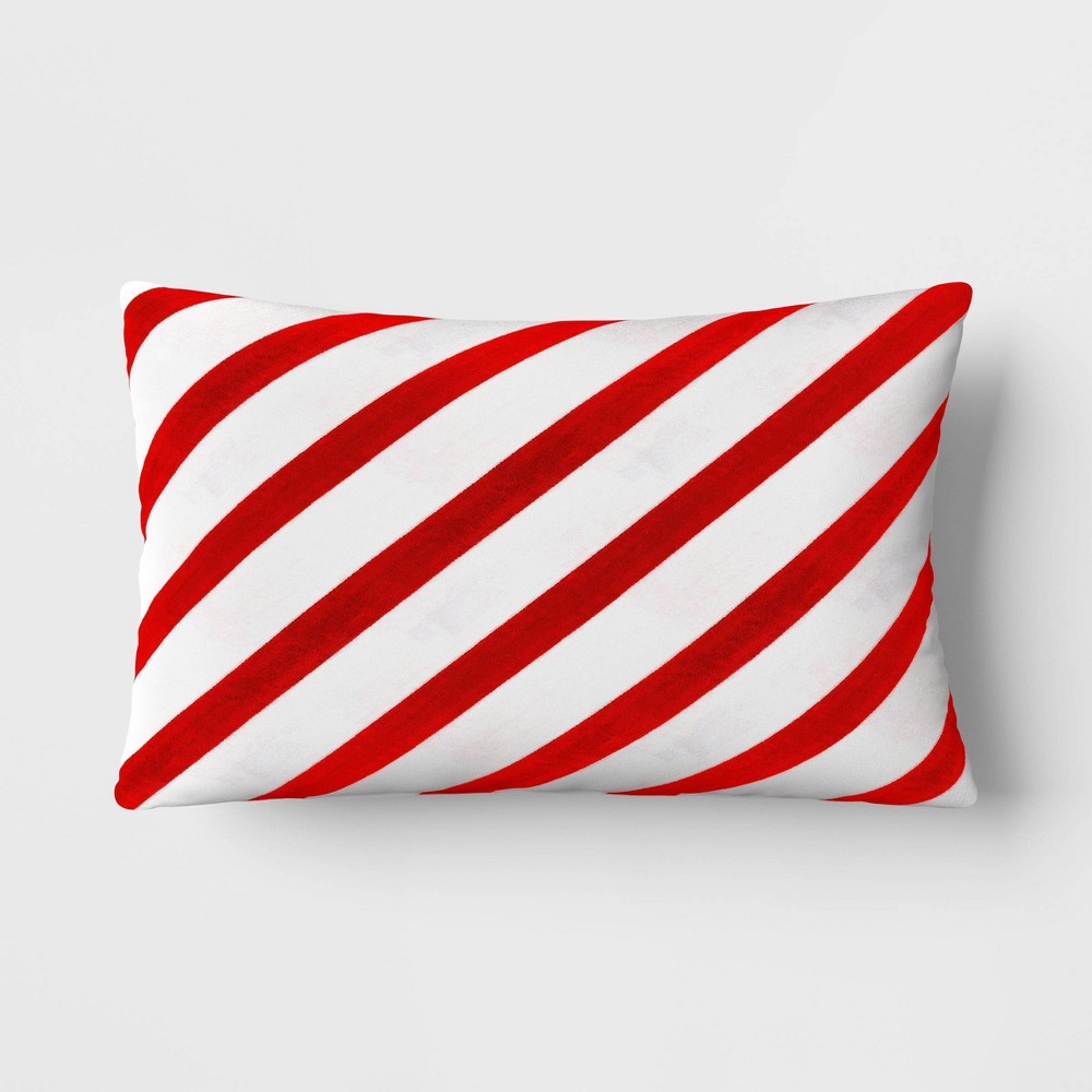 Pieced Velvet Lumbar Throw Pillow Ivory/Red - Threshold™: Stripe Pattern, Traditional Style, Christmas Decor, Indoor Use