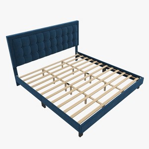 Blue King Size Platform Bed Frame – Velvet Upholstered, Adjustable Headboard, Button Tufted, Wood Slat Support - 1 of 4