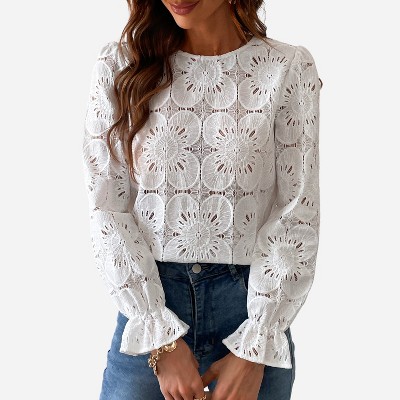Women's Long Sleeve Embroidered Floral Eyelet Blouse Shirt- Cupshe-l ...
