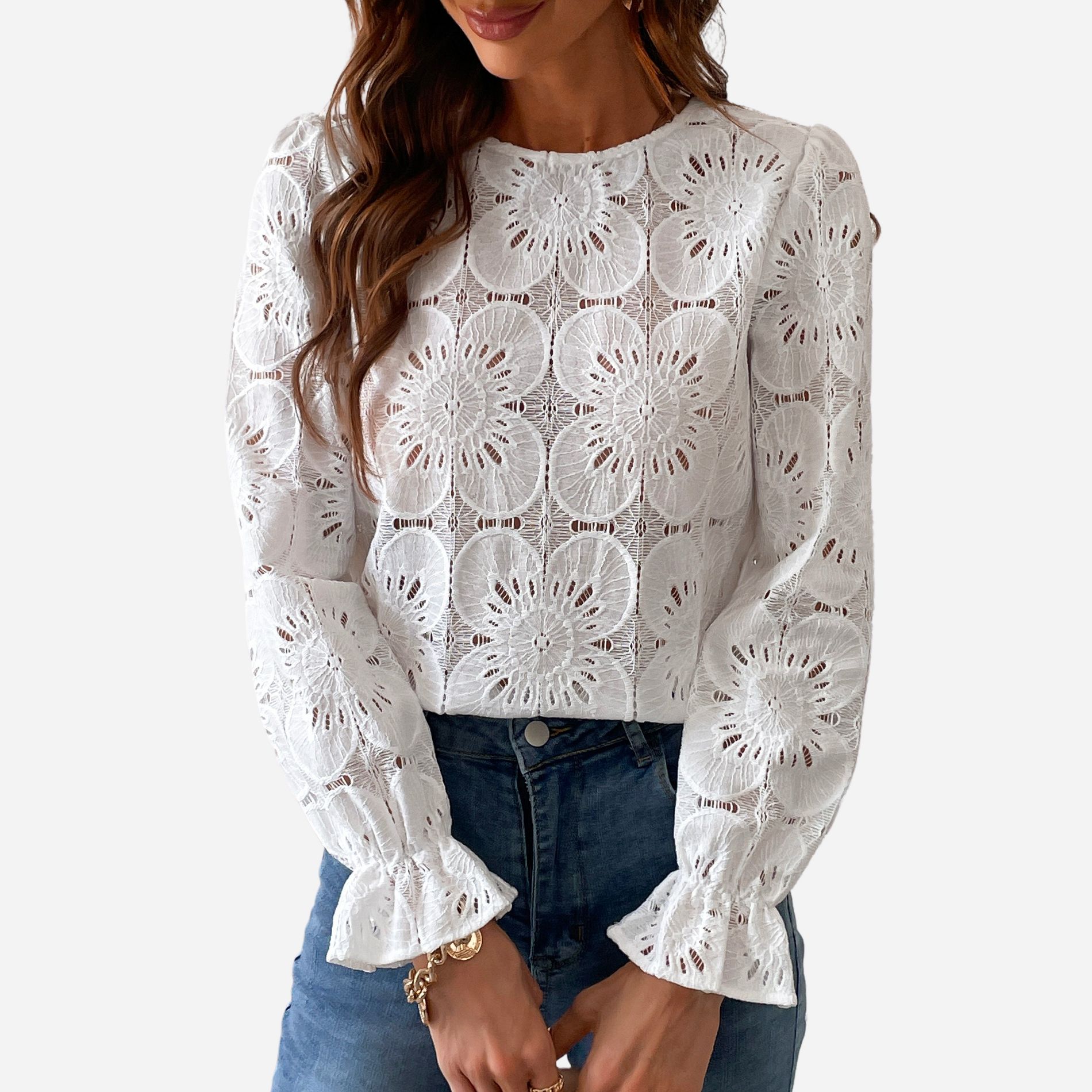 Cupshe Women's Long Sleeve Embroidered Floral Eyelet Blouse Shirt-M-White