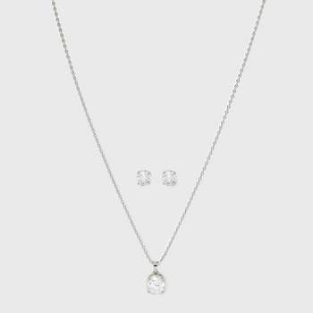 Stud Earring And Stone Starburst Necklace Set 2pc - Silver