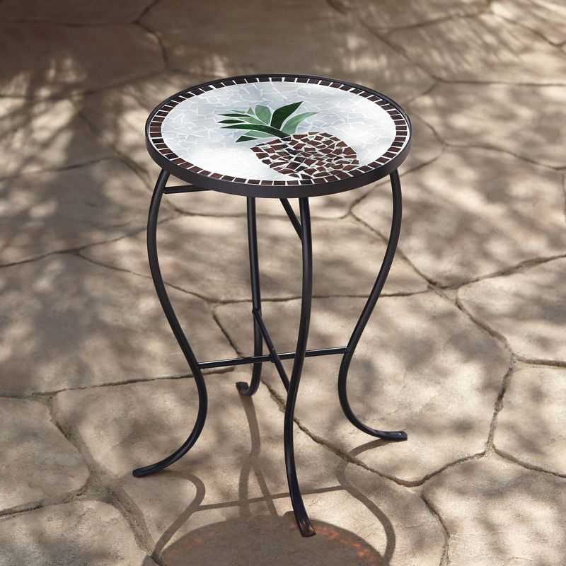 Teal Island Designs Modern Black Round Outdoor Accent Side Table 14" Wide Black Beige Mosaic for Front Porch Patio House Balcony Deck Shed, 2 of 9
