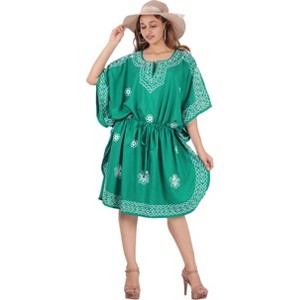 LA LEELA Women's House Daily Routine Evening Wear Caftan Bikini Casual Cover Ups Ladiessuit Coverup Short Kaftan Dresses for Women 2X-3X Green, Solid - 1 of 4