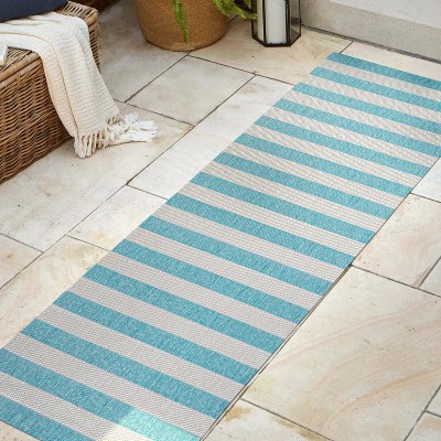 Ivory and Aqua Wide Stripe Reversible Indoor/Outdoor Rug